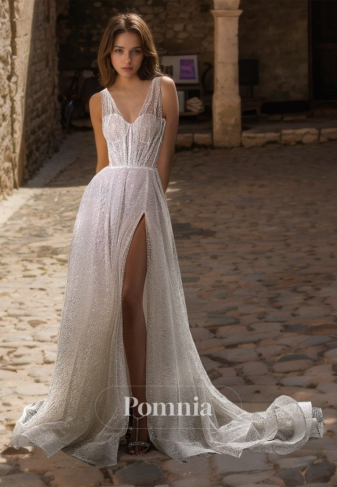 Spaghetti Straps V-Neck Side Slit Sweep Train Backless Beach Wedding Dress