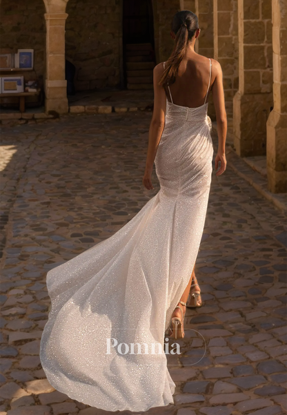 Spaghetti Straps V-Neck Ruched Backless Side Slit Beach Wedding Dress