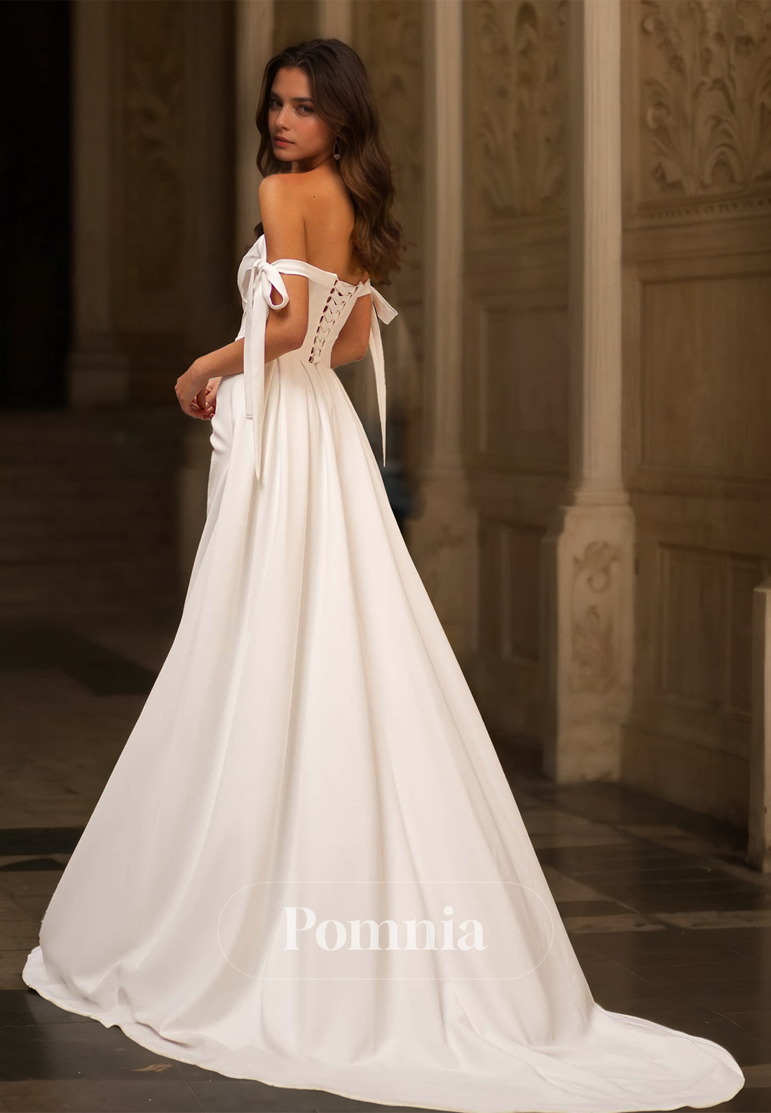 Sheath Off-Shoulder Ruched Side Slit Sweep Train Satin Wedding Dress