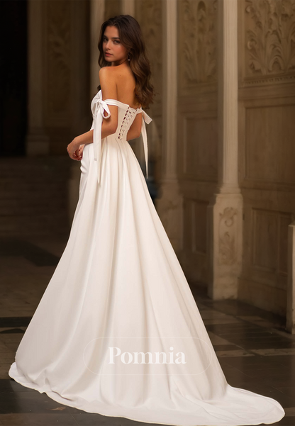 Sheath Off-Shoulder Ruched Side Slit Sweep Train Satin Wedding Dress