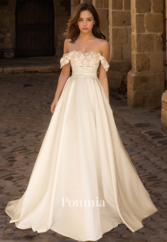 A-Line Off-Shoulder Empire-Waist Appliques Sweep Train Satin Wedding Dress