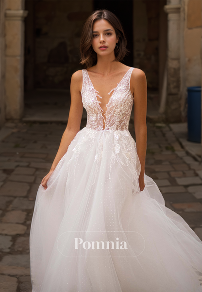 Simple Spaghetti Straps Illusion V-Neck Empire-Waist Lace Wedding Dress