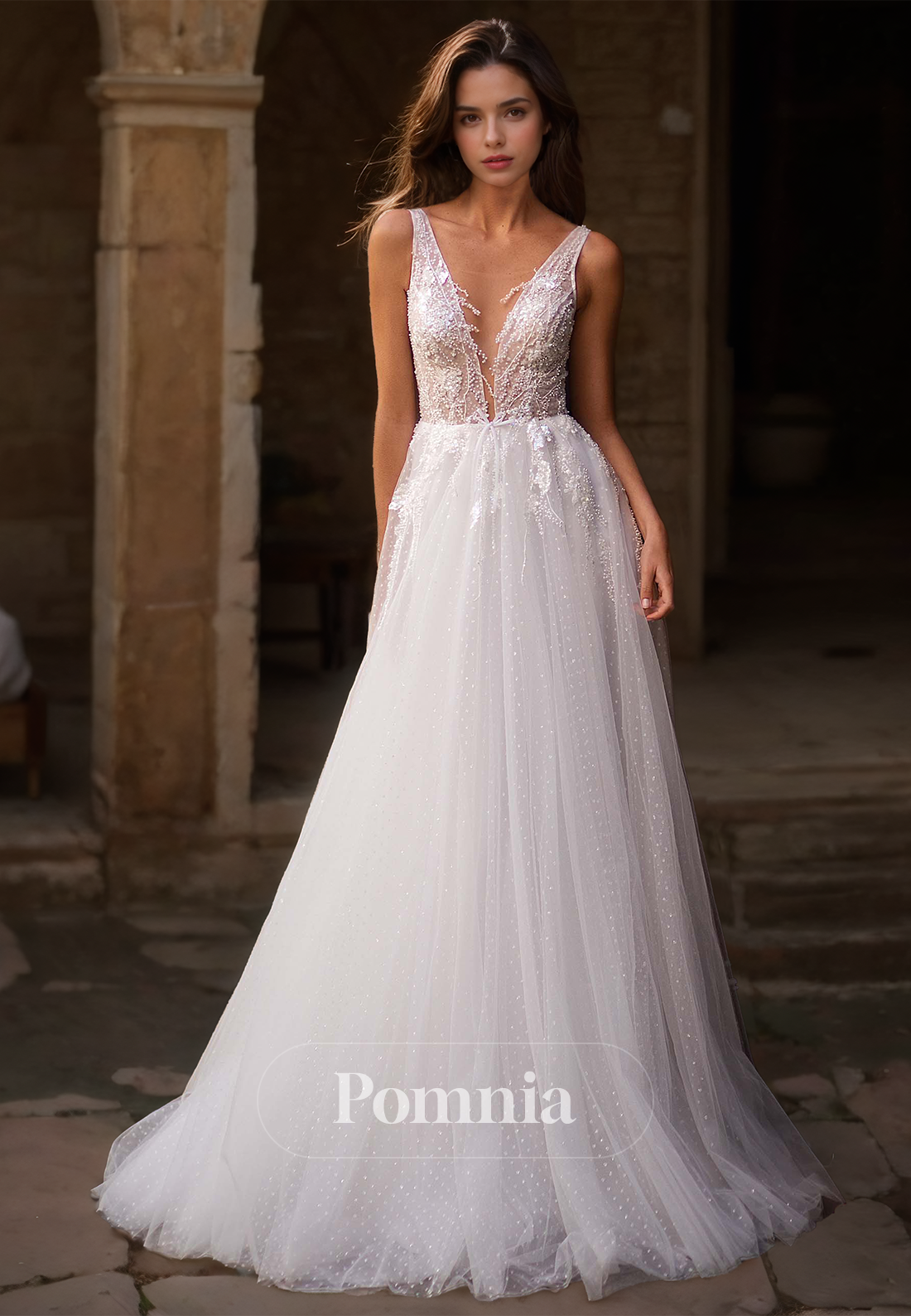 Simple Spaghetti Straps Illusion V-Neck Empire-Waist Lace Wedding Dress