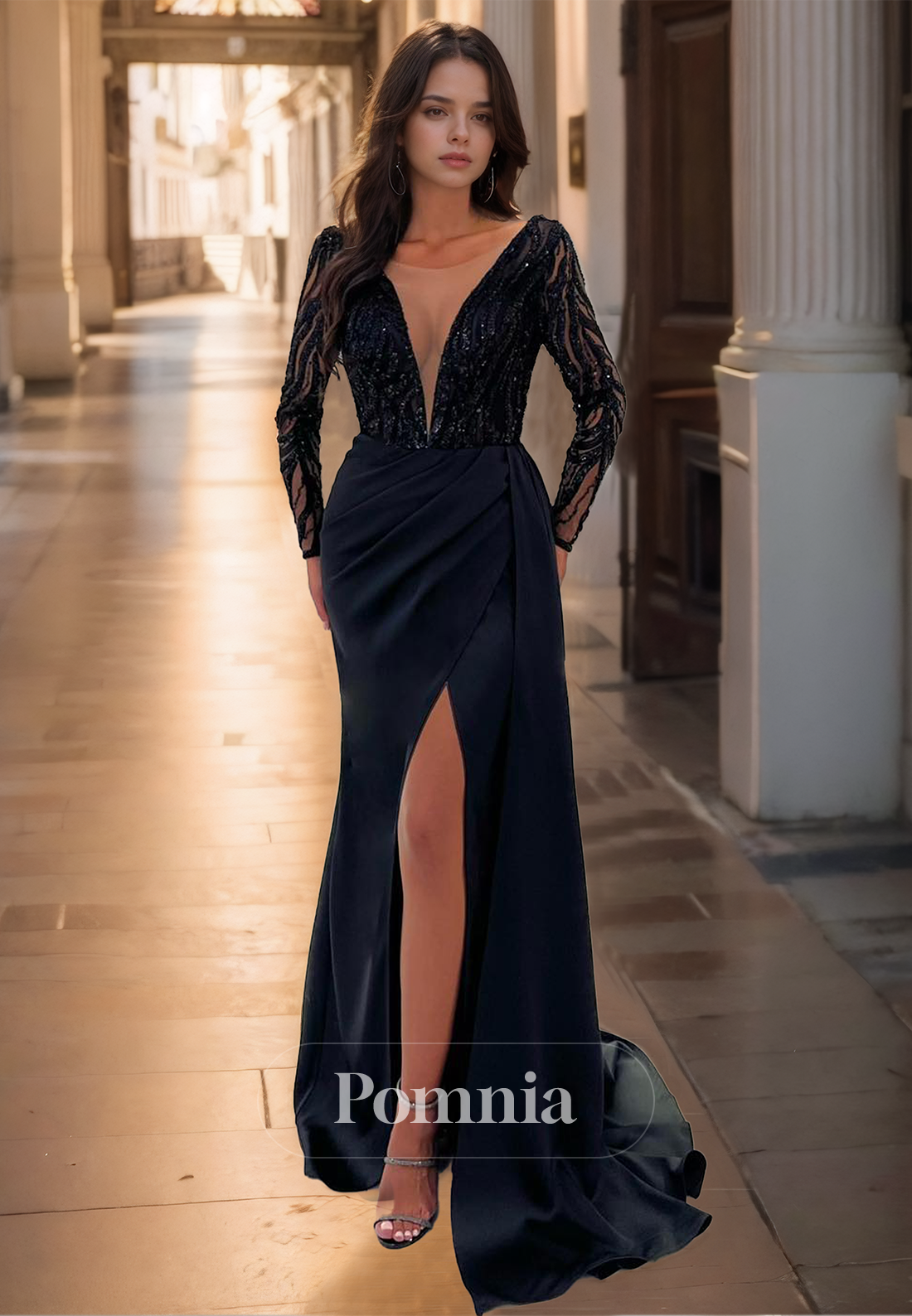 Sheath Long Sleeves V-Neck Prom Dress with Slit Corset Tulle Evening Party Dress