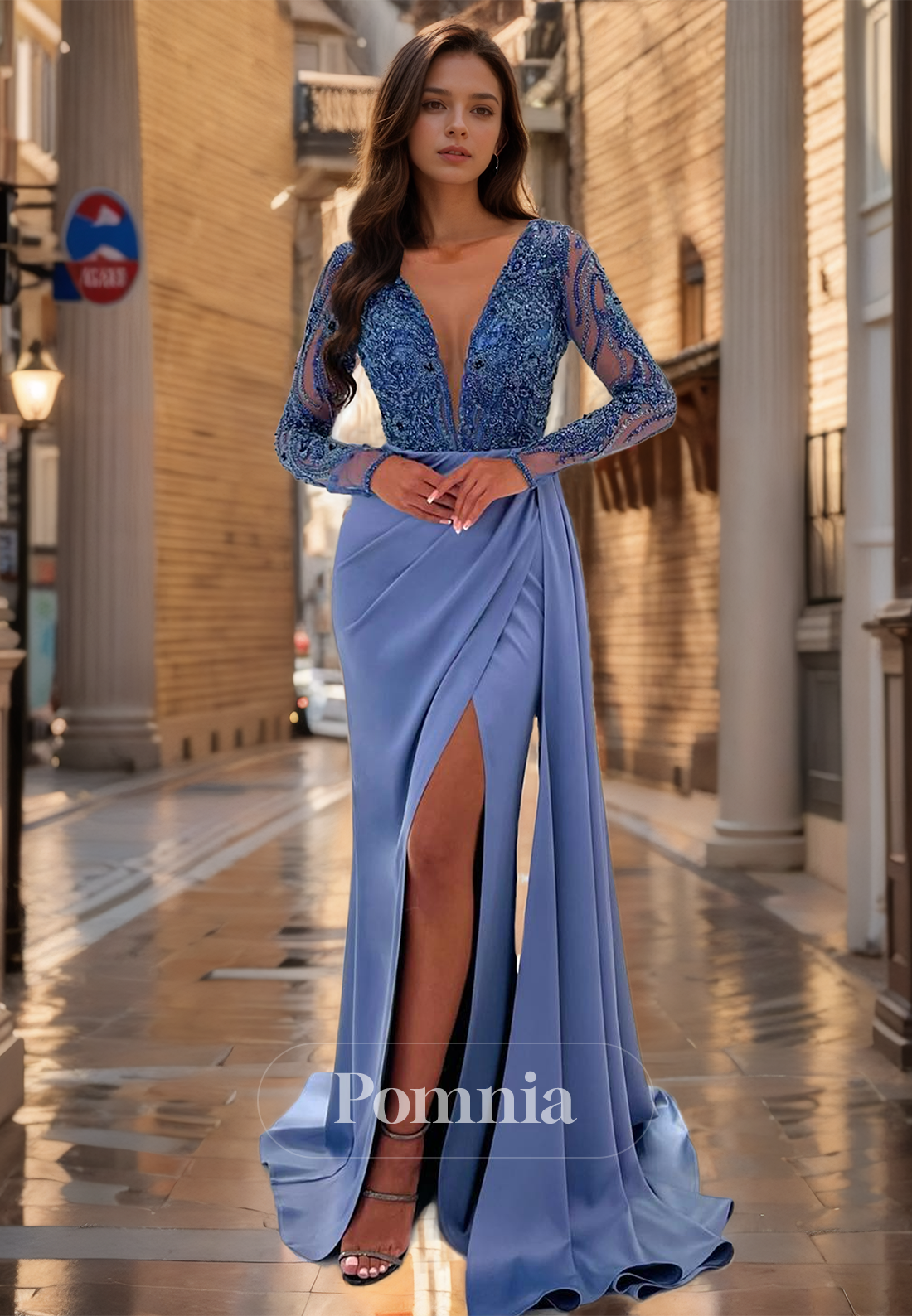 Sheath Long Sleeves V-Neck Prom Dress with Slit Corset Tulle Evening Party Dress