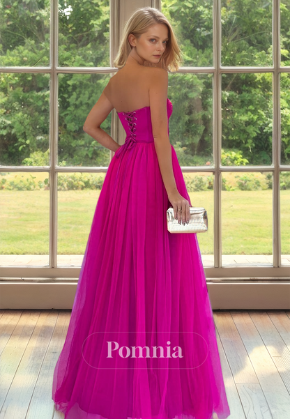 A-Line Fuchsia Strapless Sleeveless Empire-Waist Satin Mother of the Bride Dress