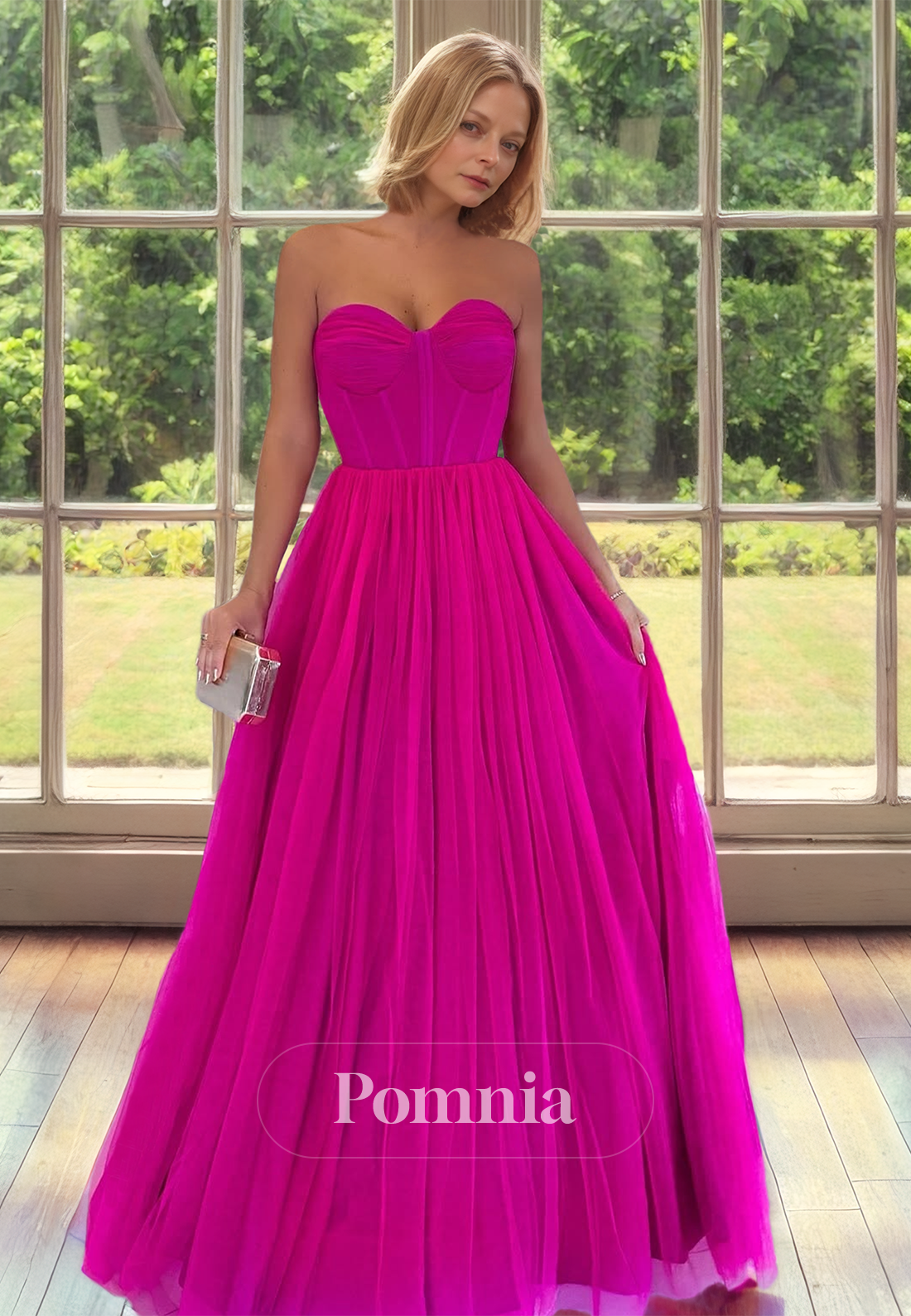 A-Line Fuchsia Strapless Sleeveless Empire-Waist Satin Mother of the Bride Dress