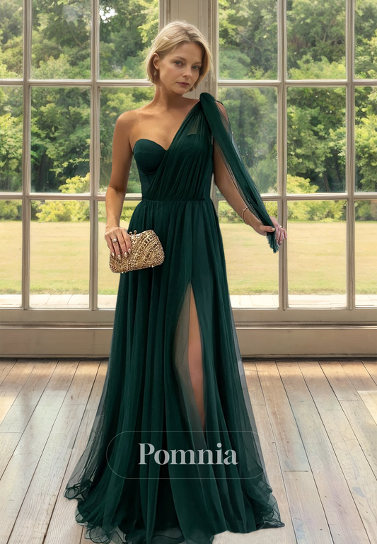 Pine A-Line One Shoulder Slit Floor-Length Mother of the Bride Dress