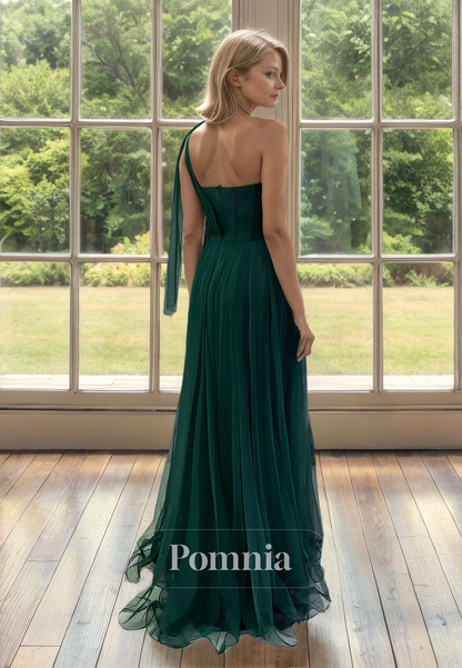 Pine A-Line One Shoulder Slit Floor-Length Mother of the Bride Dress