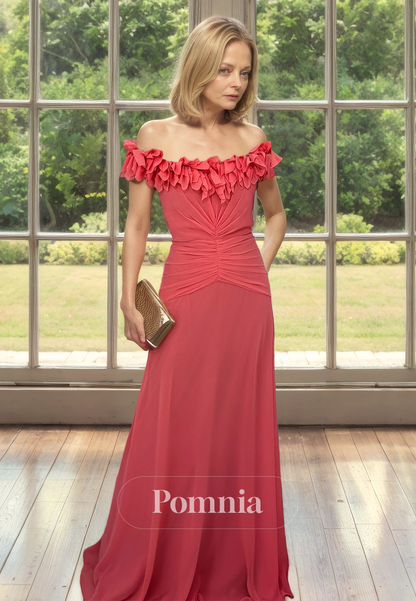 A-Line Off-Shoulder Floor-Length Empire-Waist Ruched Mother of the Bride Dress