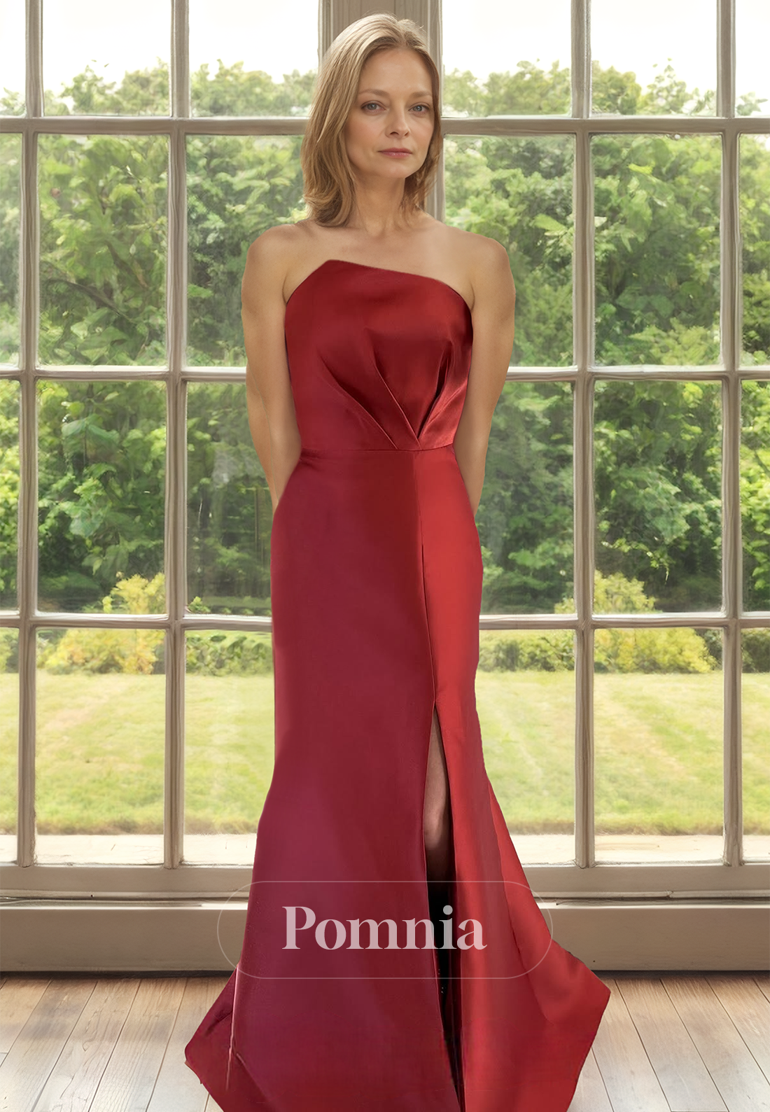 Burgundy Strapless Sleeveless Slit Empire-Waist Ruched Mother of the Bride Dress