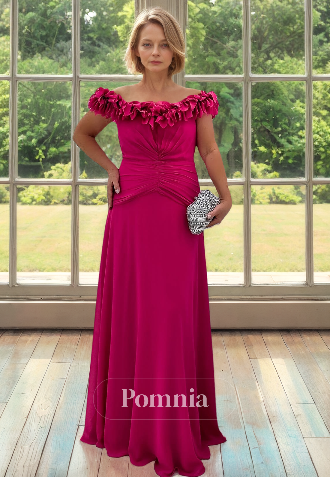 A-Line Off-Shoulder Floor-Length Empire-Waist Ruched Mother of the Bride Dress