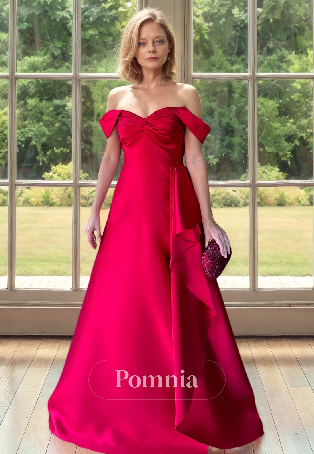 Fuchsia Off-Shoulder Sweetheart Empire-Waist Floor-Length Mother of the Bride Dress