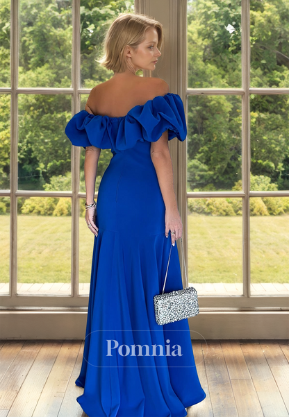 Royal Blue Off-Shoulder Cap Sleeves Floor-Length Mother of the Bride Dress