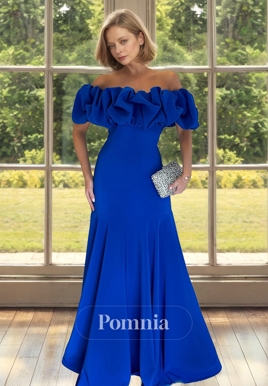 Royal Blue Off-Shoulder Cap Sleeves Floor-Length Mother of the Bride Dress