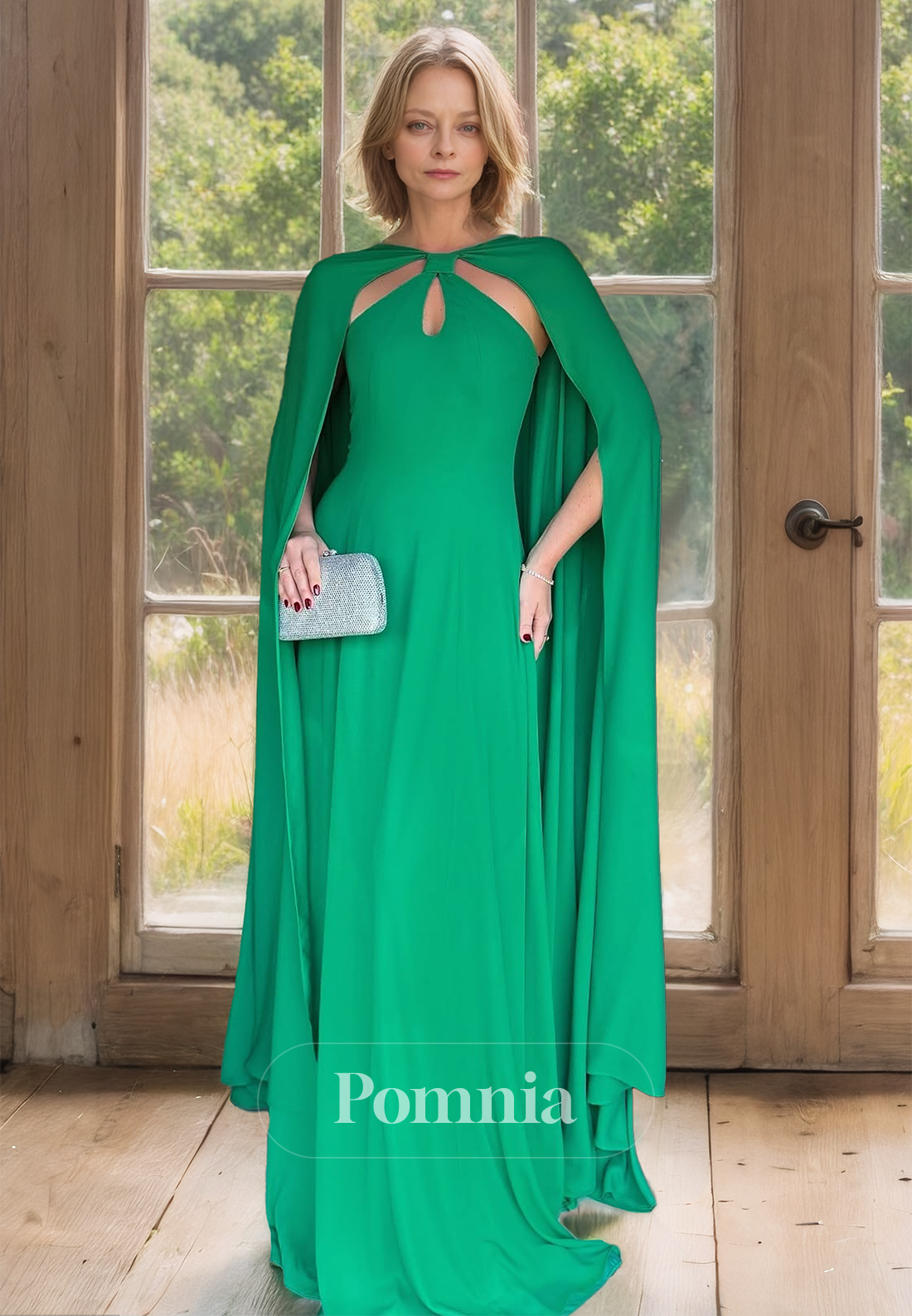 Green A-Line Cap Sleeves Asymmetrical Floor-Length Mother of the Bride Dress