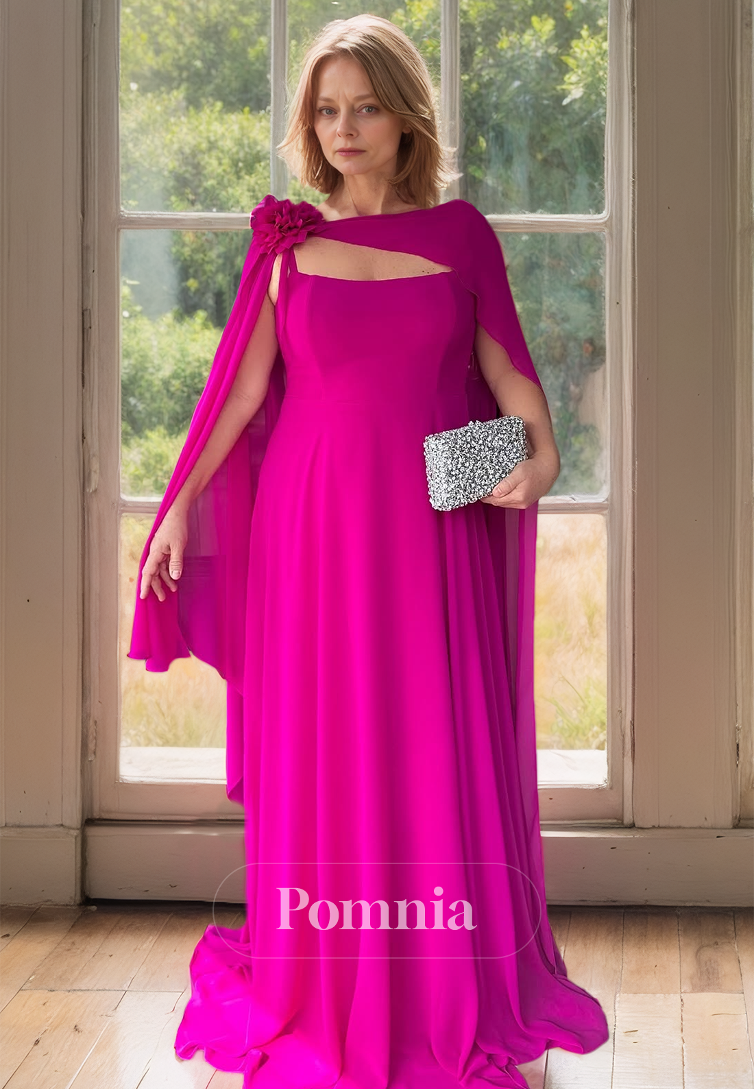 Fuchsia Sleeveless Scoop Floor-Length Chiffon Mother of the Bride Dress