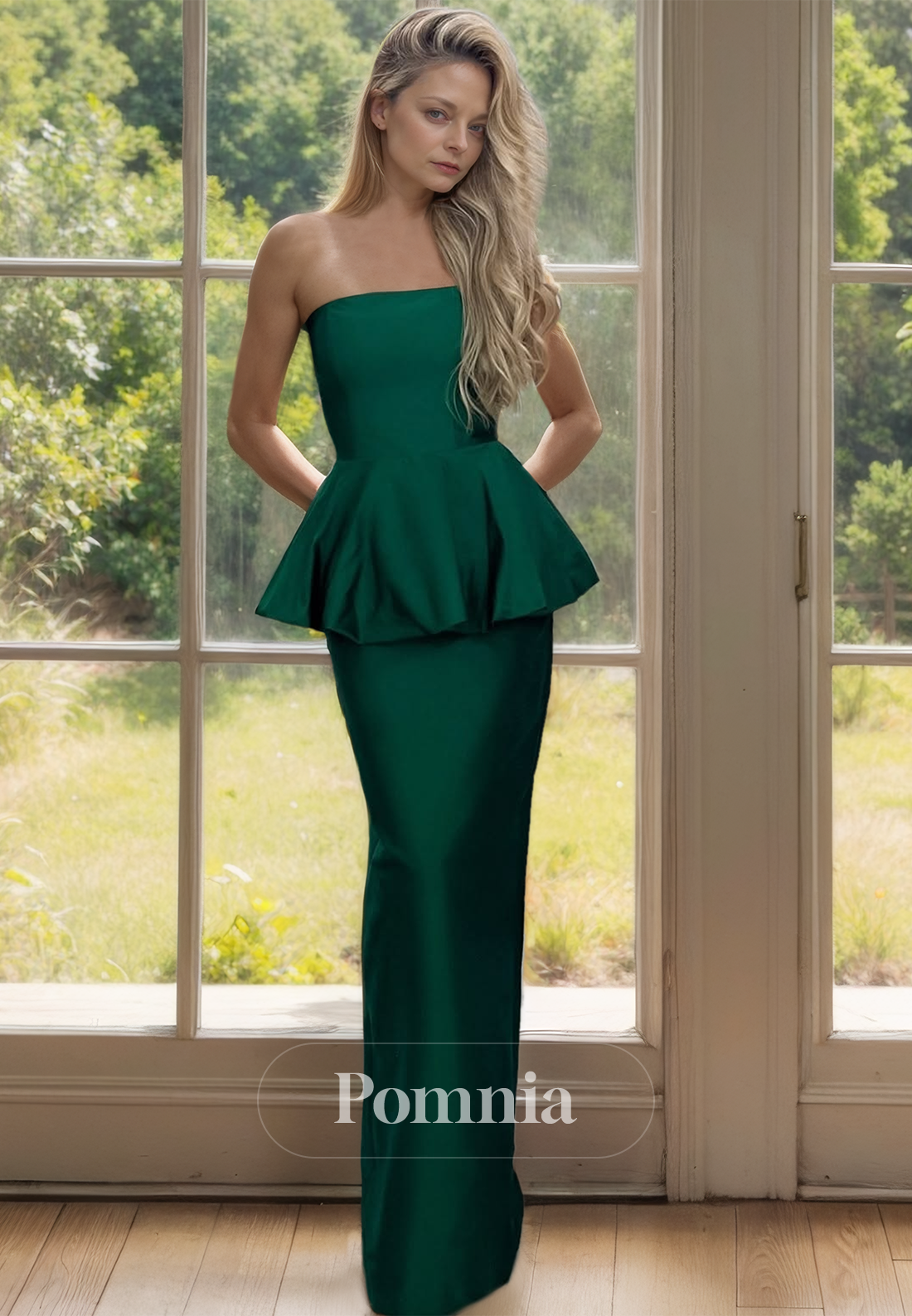 Dark Green Strapless Sleeveless Floor-Length Ruched Mother of the Bride Dress