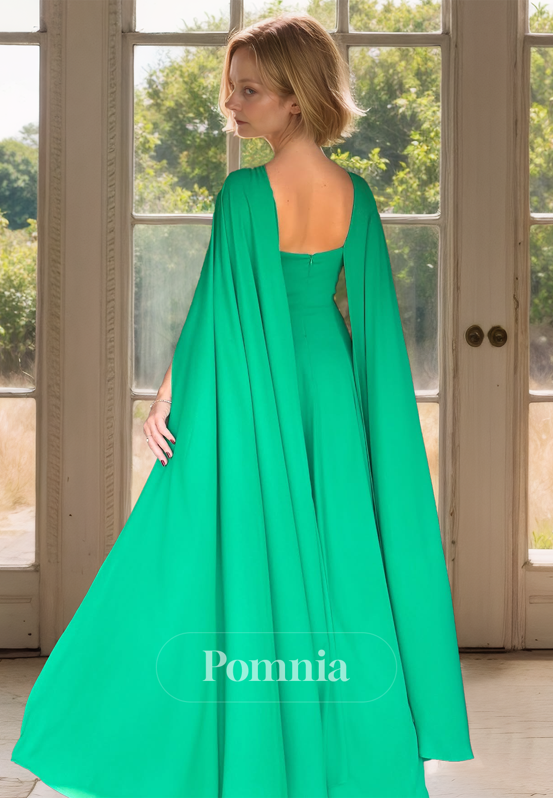 Green A-Line Cap Sleeves Asymmetrical Floor-Length Mother of the Bride Dress