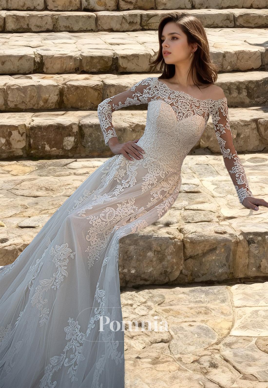 Glomorous A-Line Lace Long Sleeves Floral Appliques Lace Wedding Dress