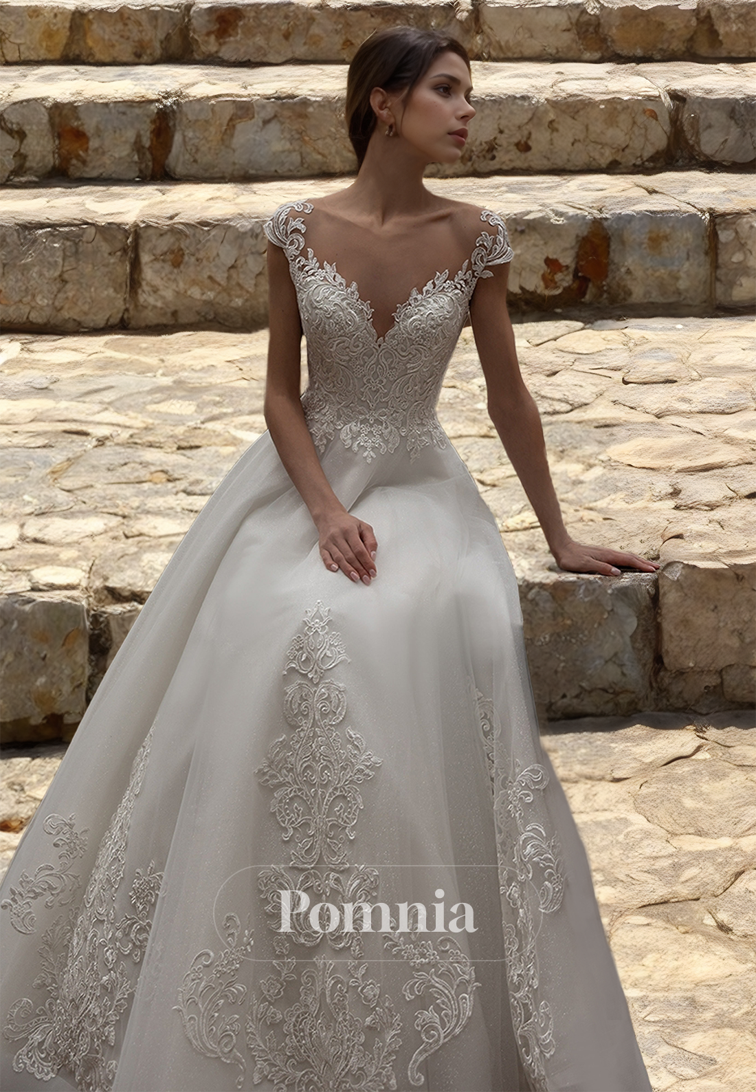 Simple Short Sleeves Sweetheart Empire-Waist Lace Wedding Dress