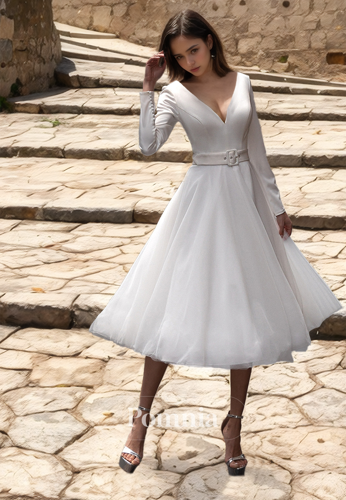 Elegant Long Sleeves V-Neck Knee-Length Empire-Waist Satin Wedding Dress