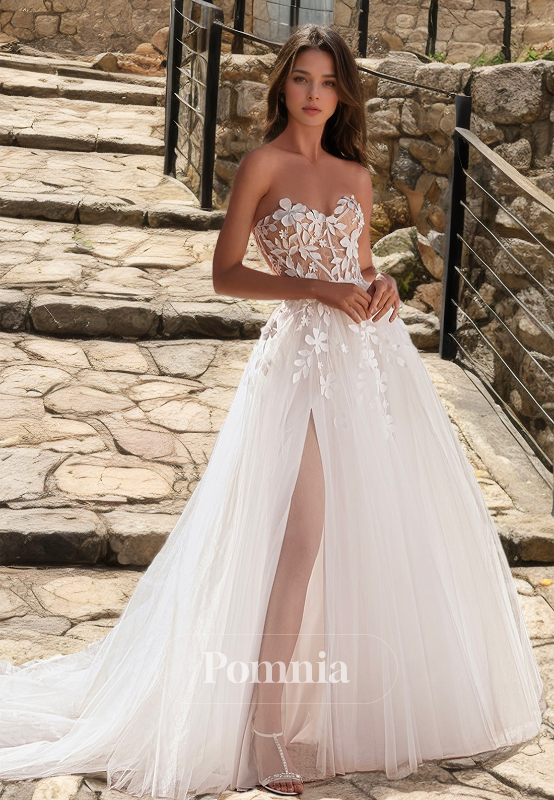 A-Line Strapless Sleeveless Illusion Corset Tulle Appliques Lace Wedding Dress