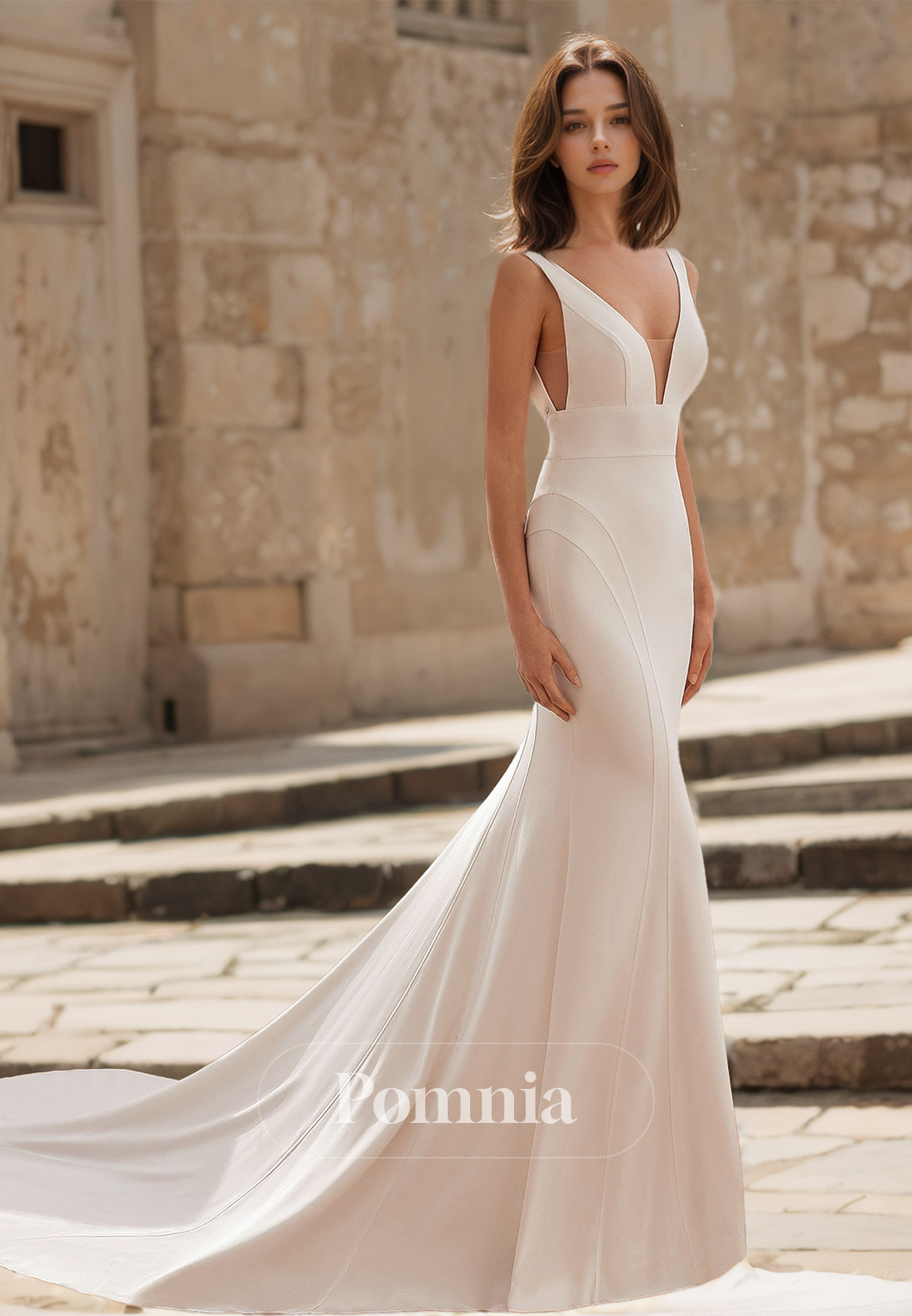 Spaghetti Straps V-Neck Backless Sweep Train Empire-Waist Satin Wedding Dress