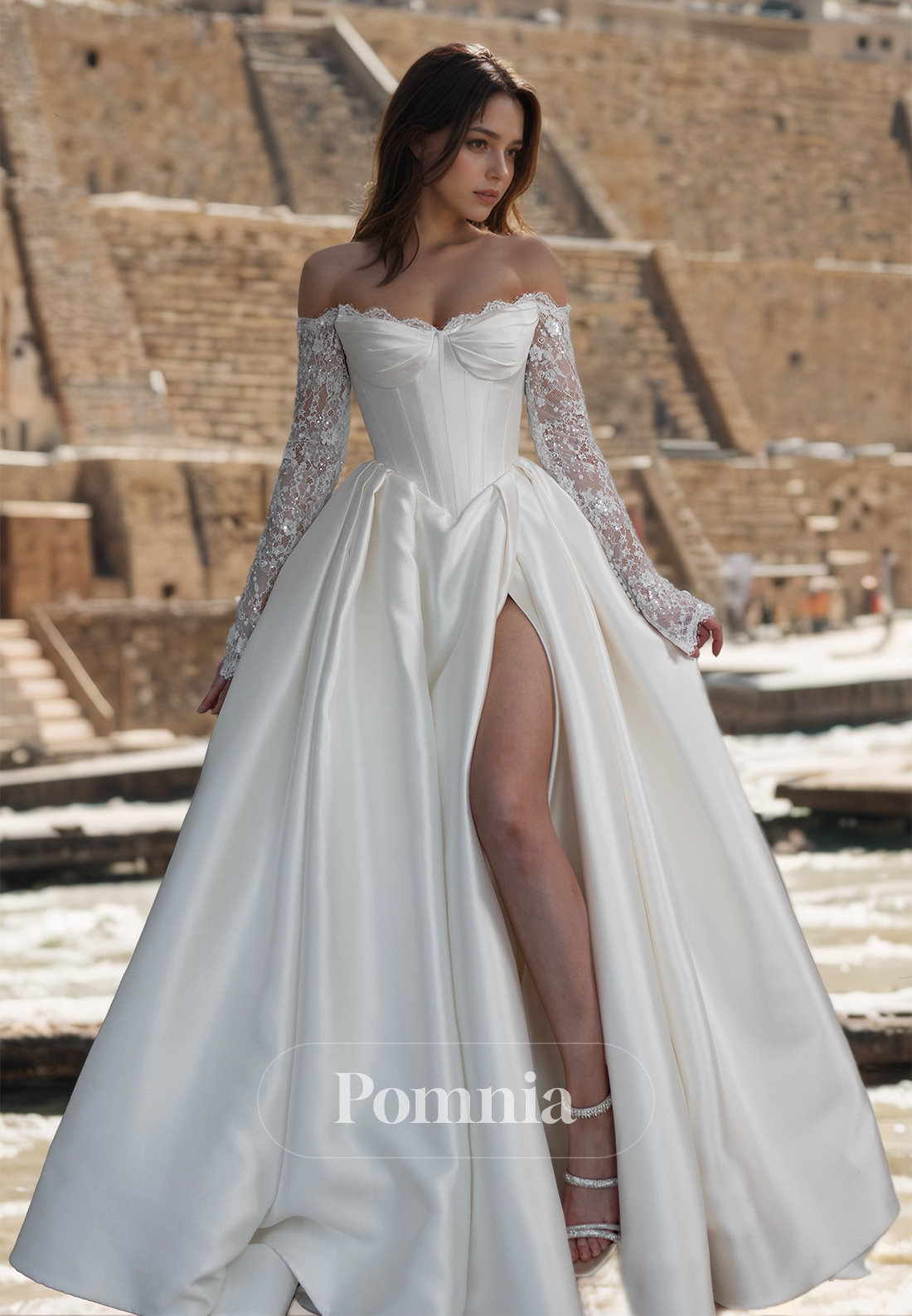 A-Line Off-Shoulder Lace Long Sleeves Empire-Waist Slit Satin Wedding Dress