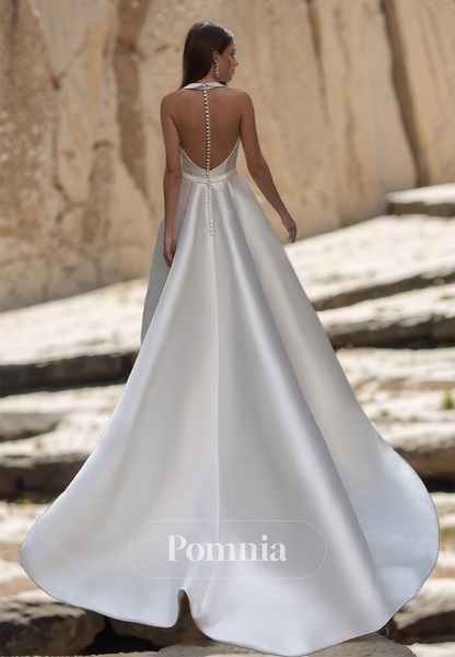 Simple Halter V-Neck Sleeveless Backless Sweep Train Satin Wedding Dress