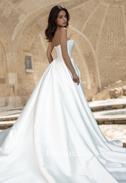 Simple Strapless Sleeveless Empire-Waist Court Train Satin Wedding Dress