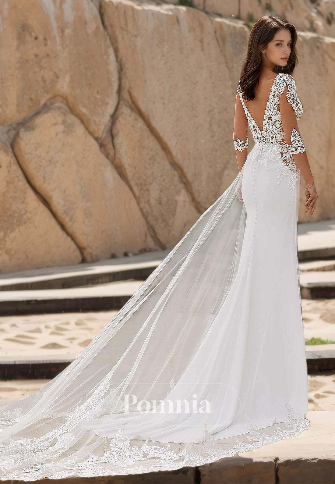 Sheath 3/4 Sleeves V-Neck Corset Tulle Backless Satin Wedding Dress