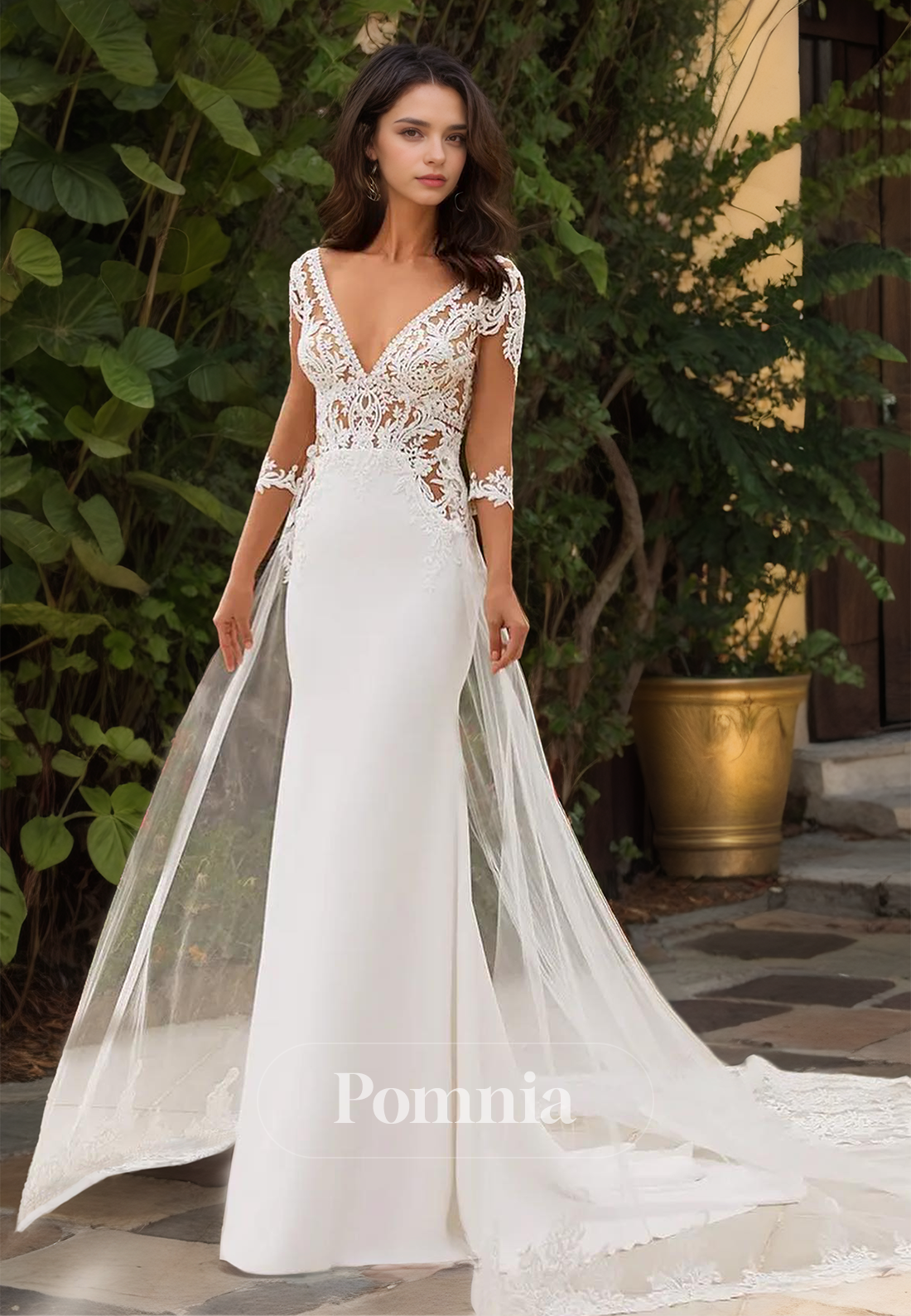 Sheath 3/4 Sleeves V-Neck Corset Tulle Backless Satin Wedding Dress