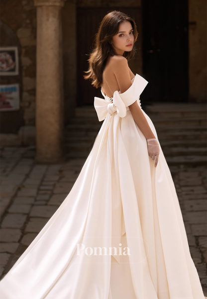 Simple A-Line Off-Shoulder High Slit Corset Court Train Satin Wedding Dress