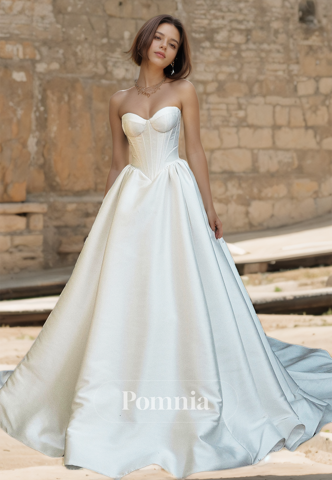 Simple Strapless Sleeveless Empire-Waist Court Train Satin Wedding Dress