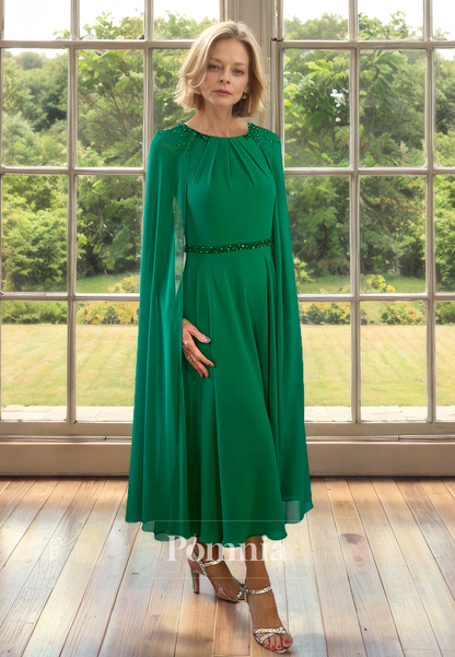 Dark Green A-Line Cap Sleeves Scoop Empire-Waist Chiffon Mother of the Bride Dress