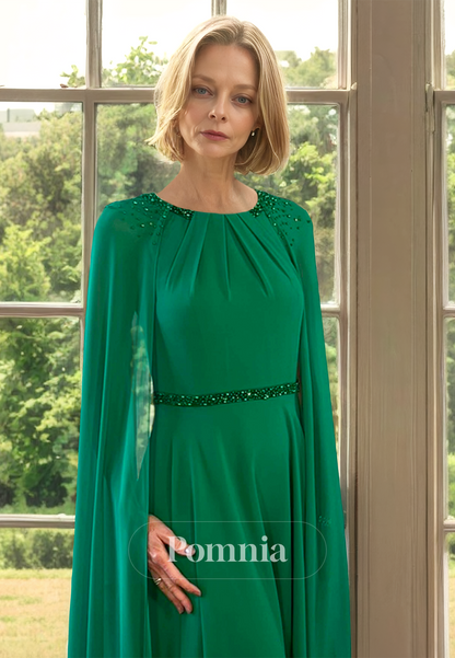 Dark Green A-Line Cap Sleeves Scoop Empire-Waist Chiffon Mother of the Bride Dress