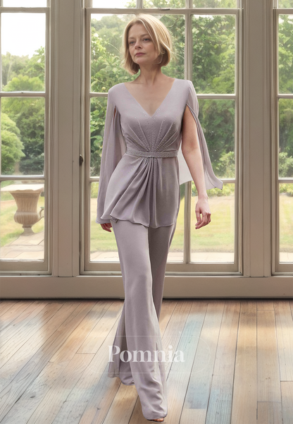 Jumpsuit Cap Sleeves V-Neck Empire-Waist Chiffon Mother of the Bride Dress