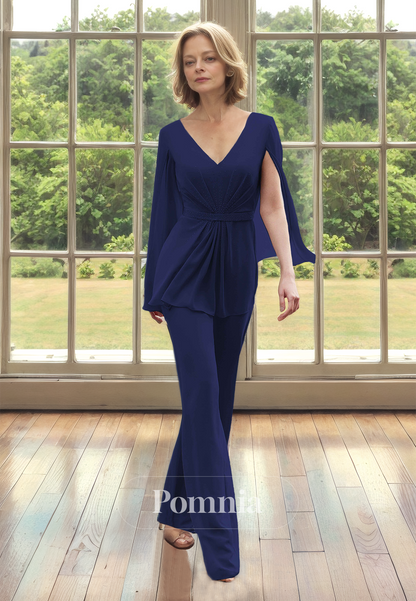 Jumpsuit Cap Sleeves V-Neck Empire-Waist Chiffon Mother of the Bride Dress