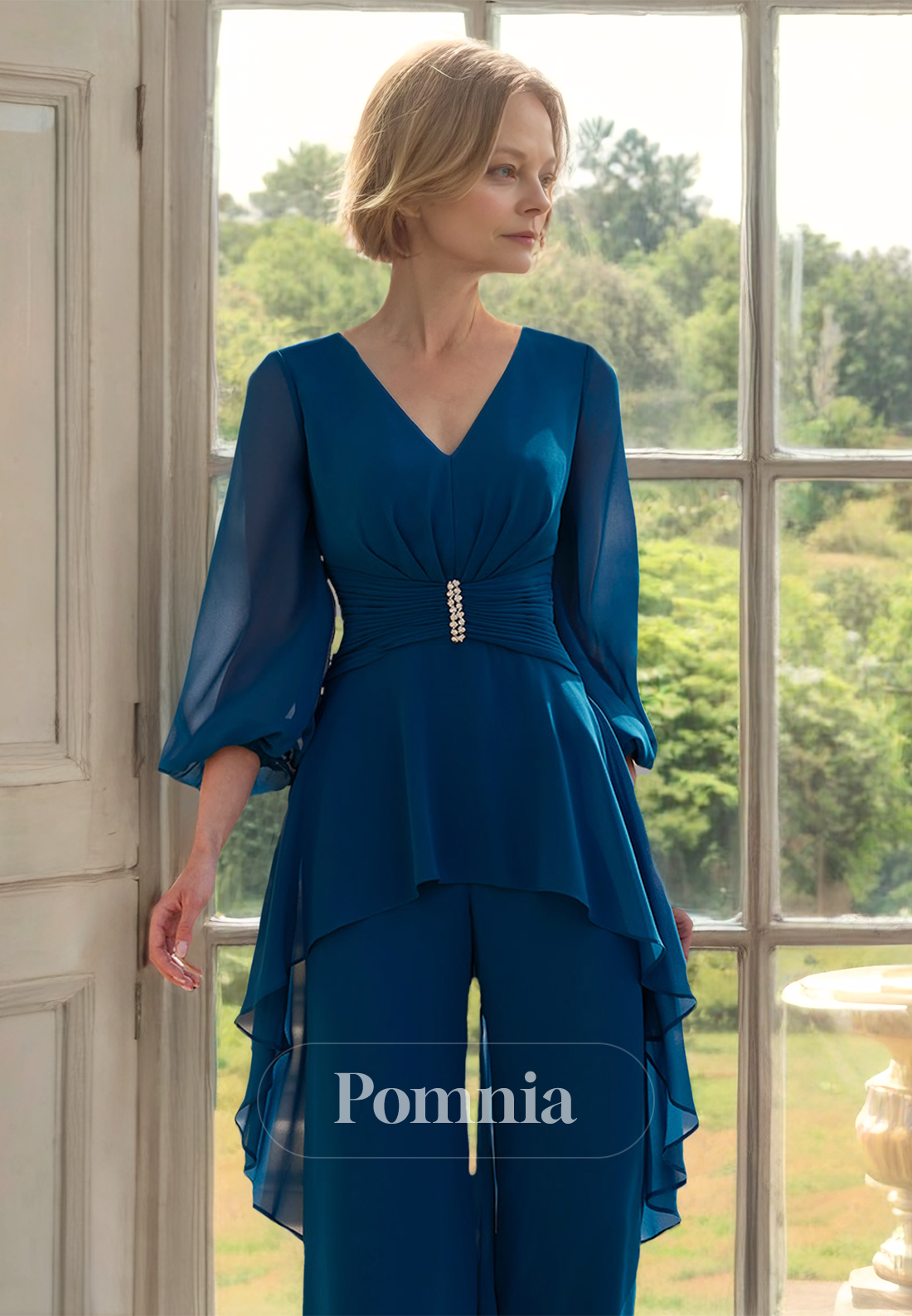 Jumpsuit Ink Blue 3/4 Sleeves V-Neck Empire-Waist Mother of the Bride Dress