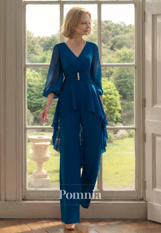 Jumpsuit Ink Blue 3/4 Sleeves V-Neck Empire-Waist Mother of the Bride Dress