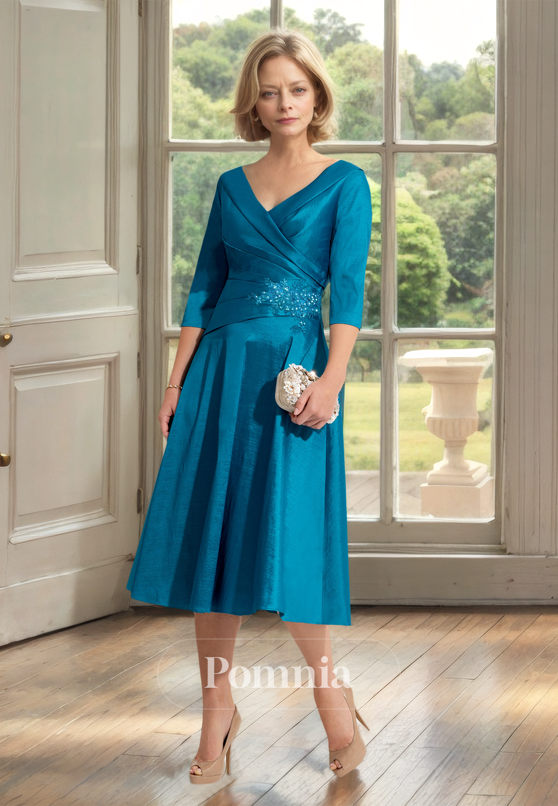 A-Line V-Neck 3/4 Sleeves Knee-Length Ruched Mother of the Bride Dress