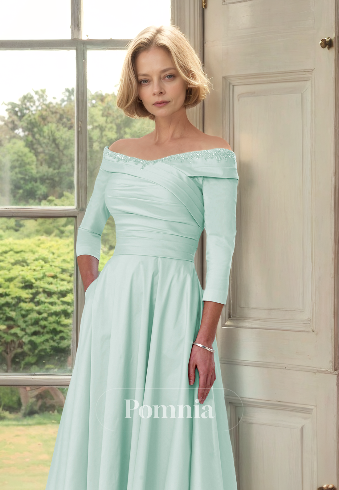 Mint Green Off-Shoulder 3/4 Sleeves Ankle-Length Mother of the Bride Dress