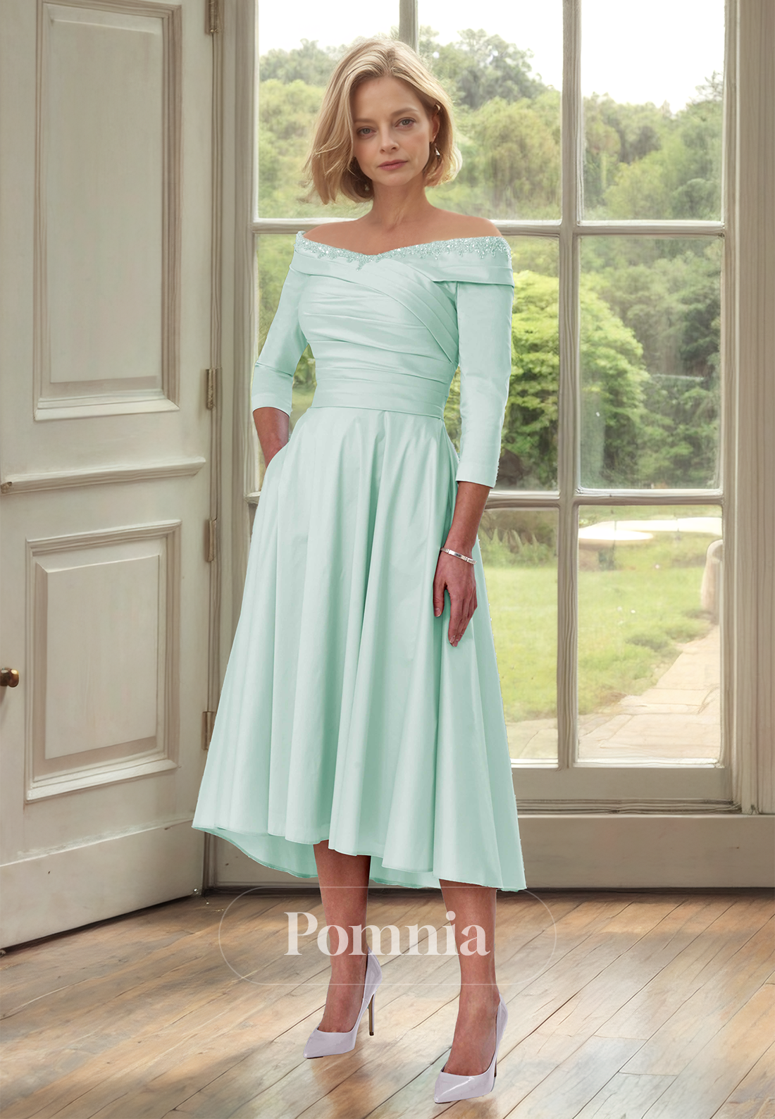 Mint Green Off-Shoulder 3/4 Sleeves Ankle-Length Mother of the Bride Dress