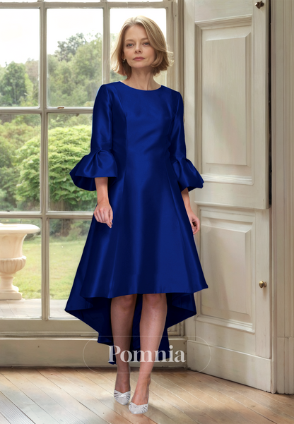 Simple A-Line Scoop 3/4 Sleeves High Low Satin Mother of the Bride Dress