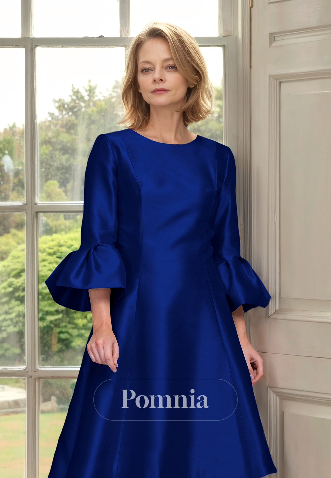 Simple A-Line Scoop 3/4 Sleeves High Low Satin Mother of the Bride Dress