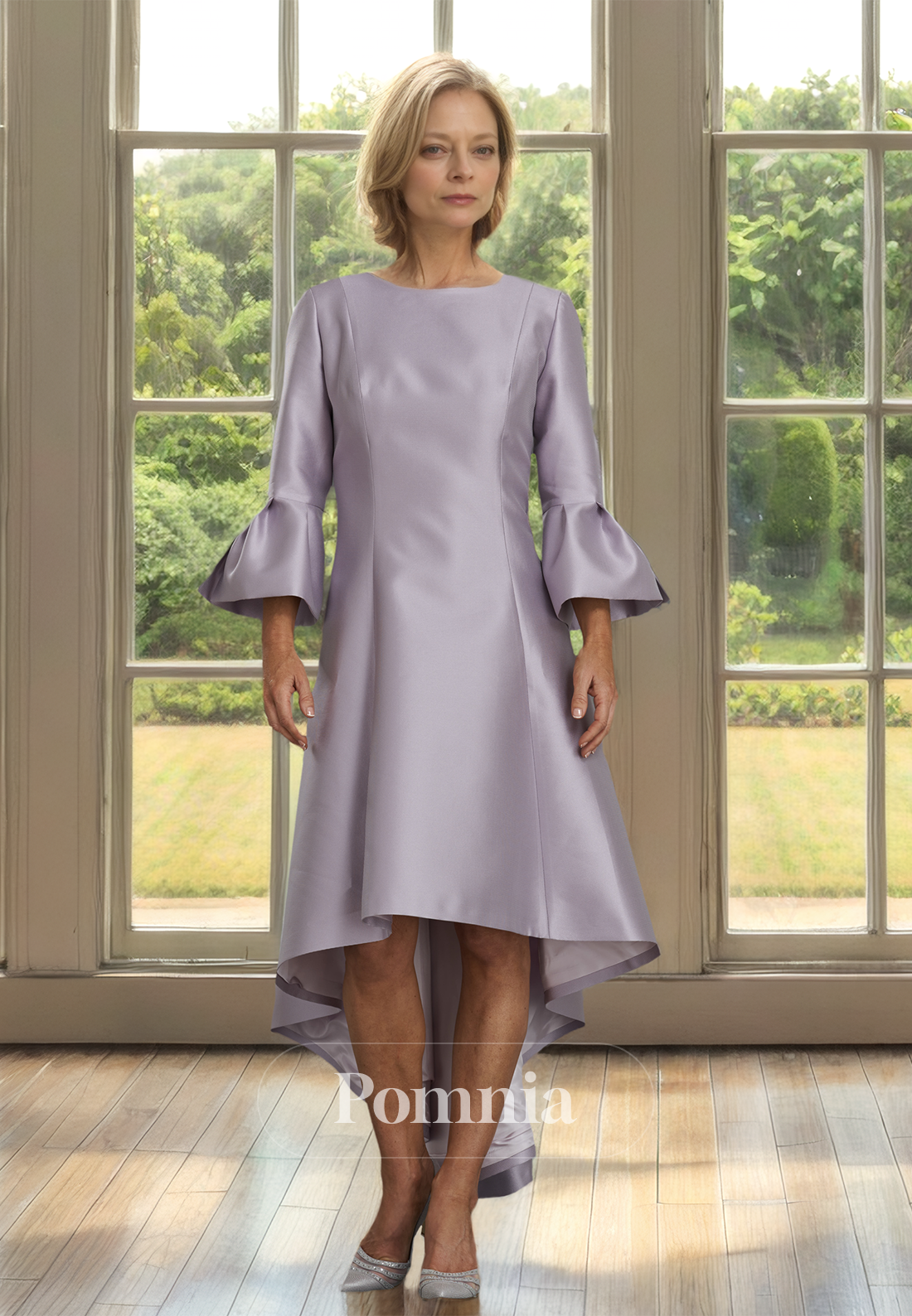 Simple A-Line Scoop 3/4 Sleeves High Low Satin Mother of the Bride Dress