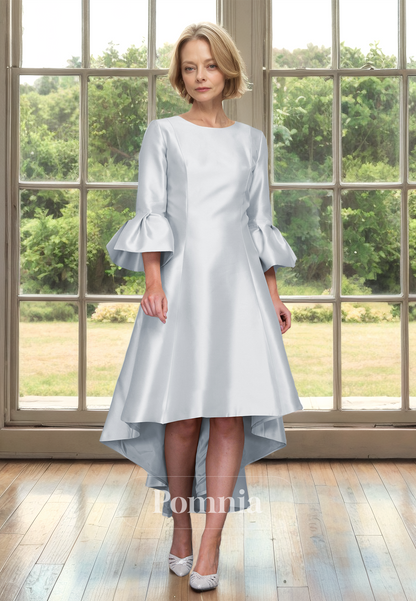 Simple A-Line Scoop 3/4 Sleeves High Low Satin Mother of the Bride Dress