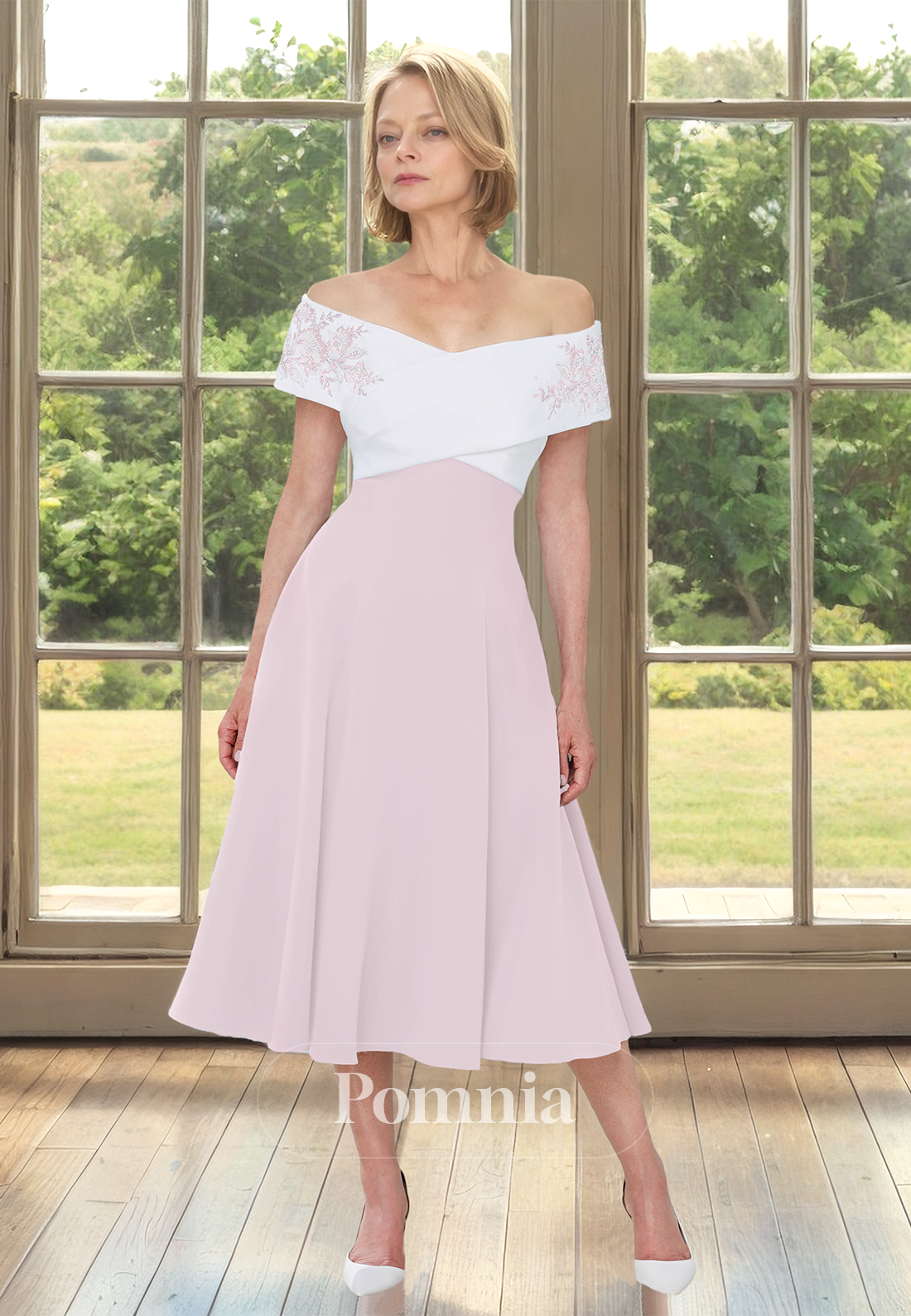 Simple A-Line Off-Shoulder Cap Sleeves Empire-Waist Mother of the Bride Dress