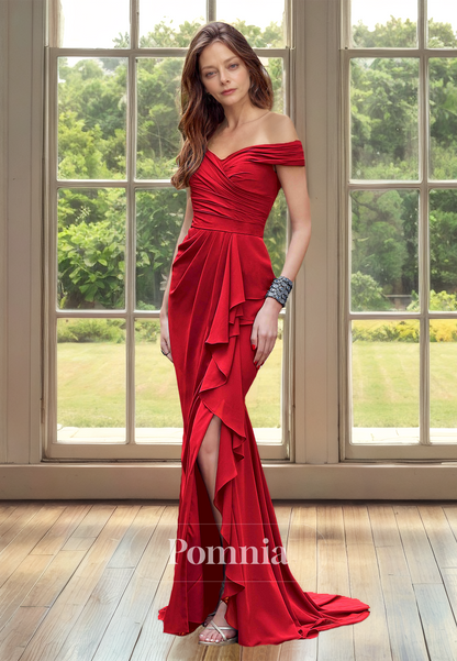 Red Off-Shoulder Cap Sleeves Ruched Side Slit Mother of the Bride Dress